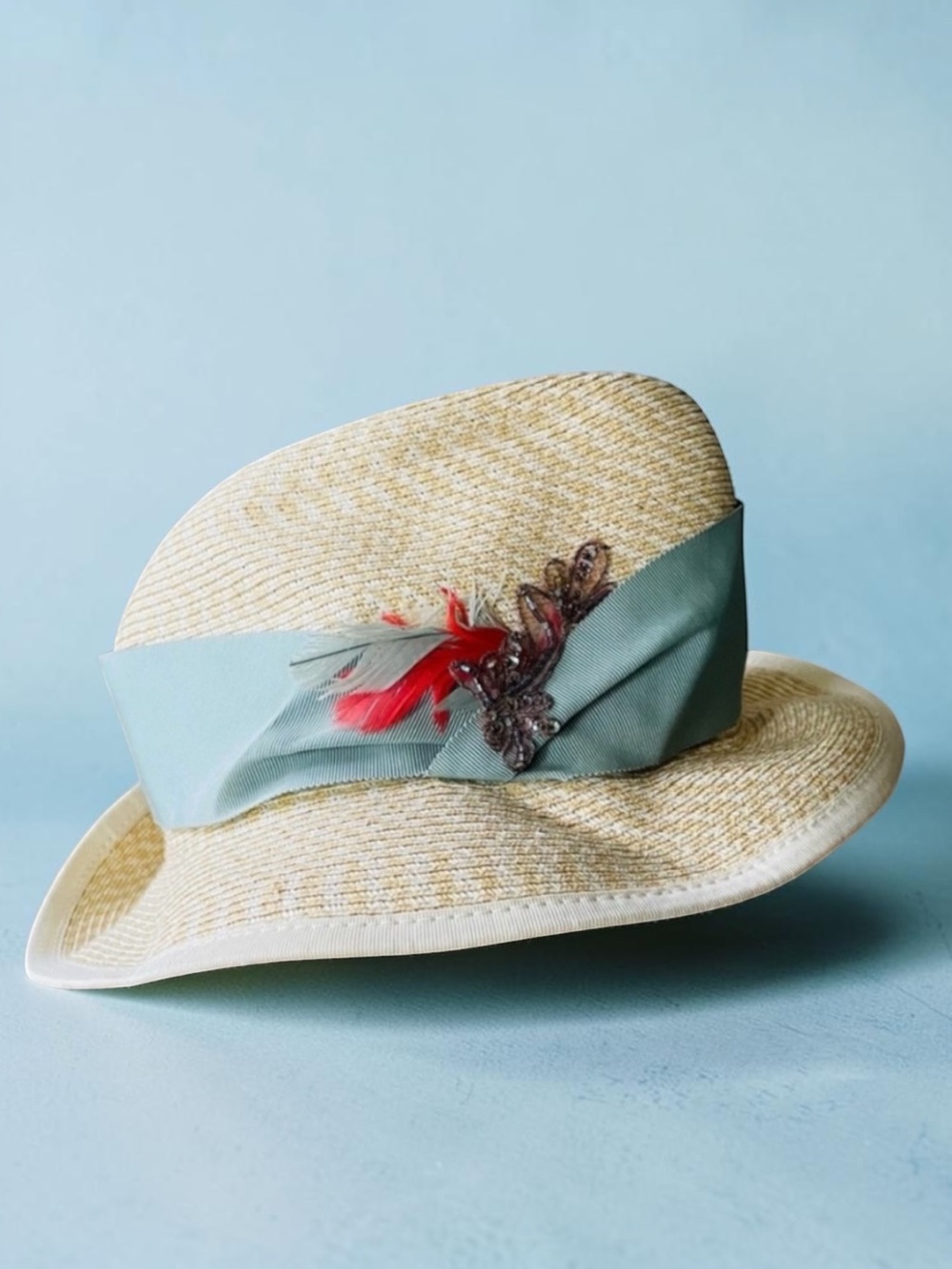 EUGENIA KIM STRAW EMBELLISHED FEATHER FEDORA HAT